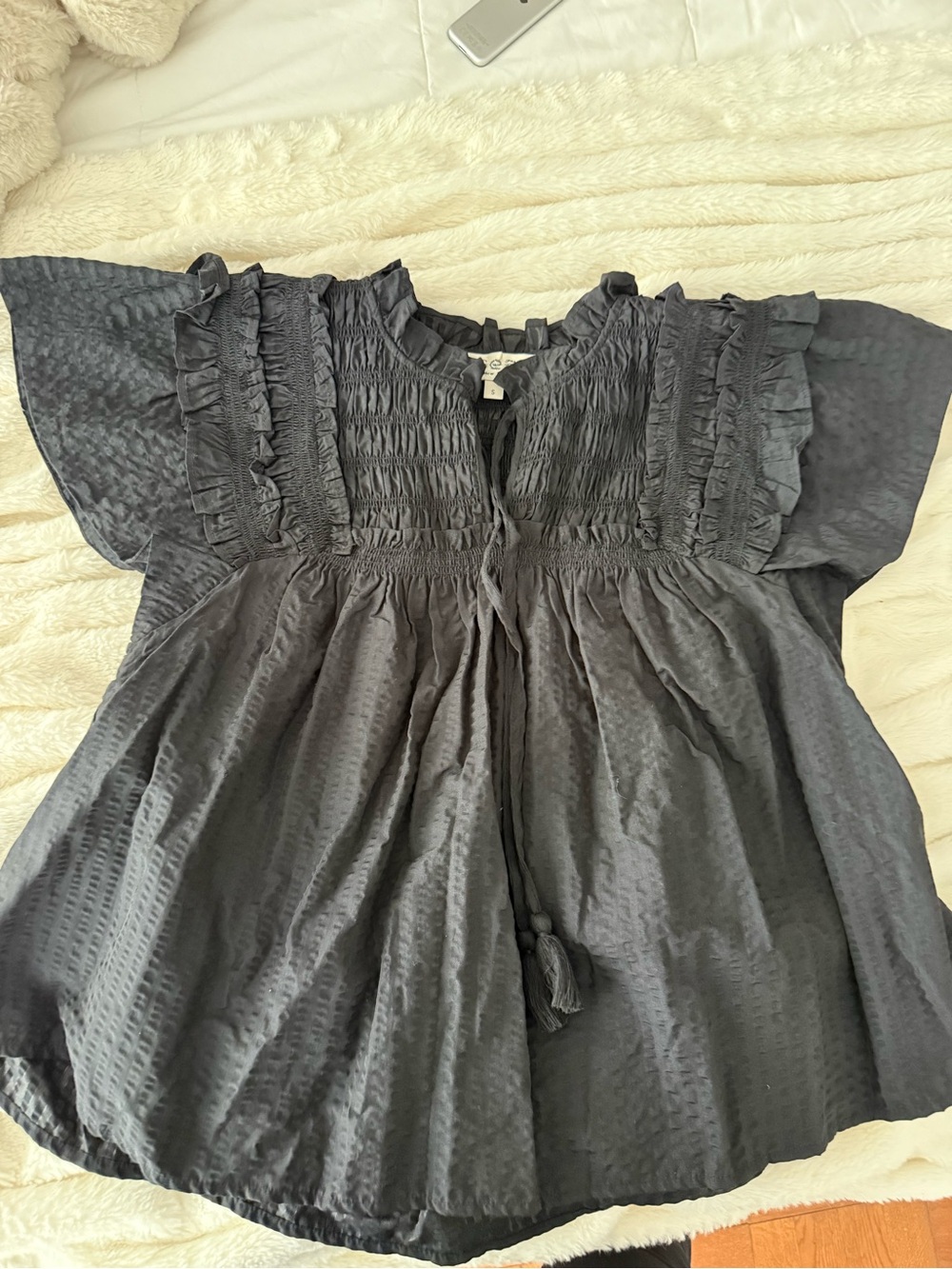 Sea Black Ruffled Smocked Peasant Blouse